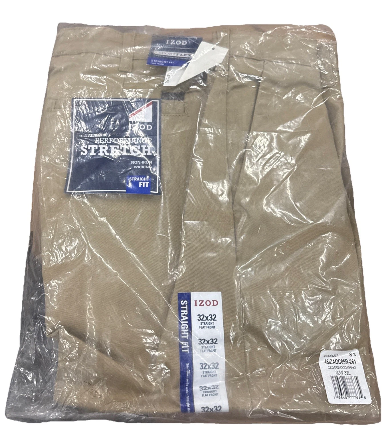Izod Khaki Performance Stretch Pant Size W32x32 Straight Flat Front (golf)
