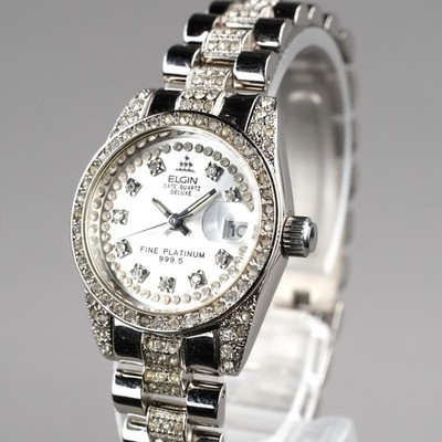ELGIN DATE QUARTZ FINE PLATINUM Vintage FK-972-C Damenuhr 25mm Neue Batterie