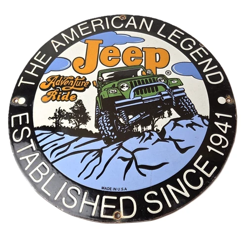Vintage Jeep Porcelain Sign - Adventure Ride Gas Service Station Pump Plate Sign