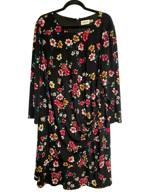 Eliza J Dress Woman's 24W / 3X Plus Floral Design Long Sleeves Draped Front