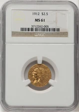 1912 INDIAN HEAD $2.5 QUARTER EAGLE GOLD NGC MS61