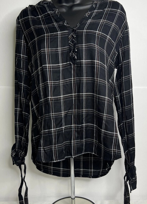 Sanctuary Women's Top Black Check W/ Tie Accents  New w Tags L 70% OFF