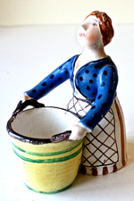 Vtg Hand Painted German Art Pottery Woman Match Holder Figurine Planter