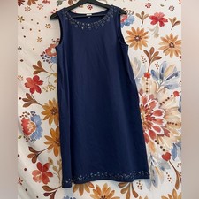 J. Crew L Dress Navy Dark Blue Bubble Beaded Trim Sheath Sleeveless Side Pocket