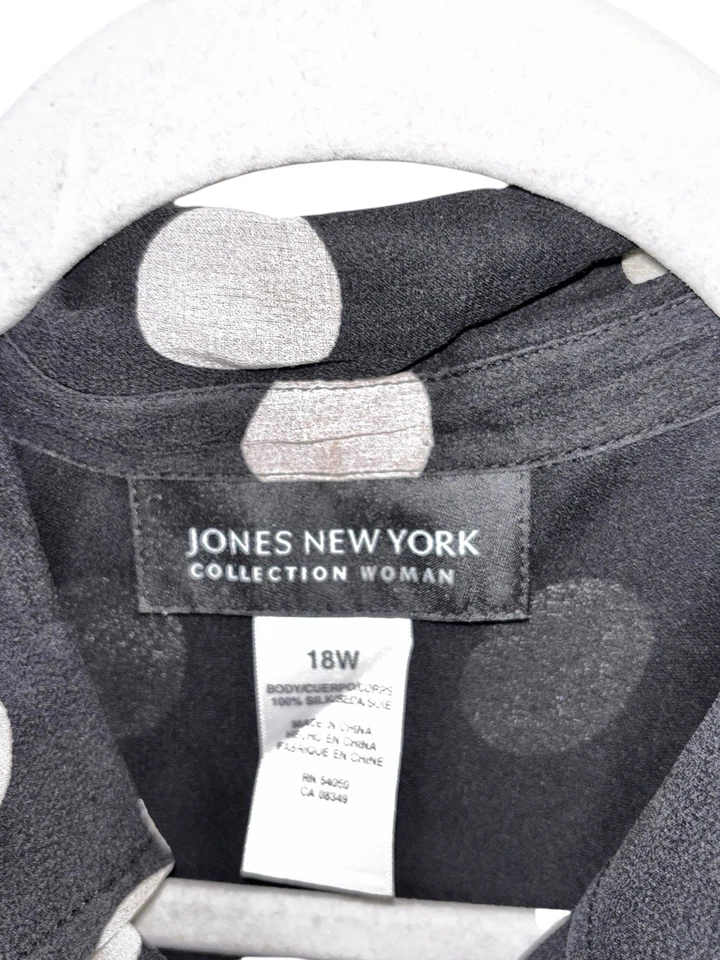 Blusa Jones New York Collection 18W Negro Blanco Lunares 100% Seda Cuello Corbata Foto 4 de 4