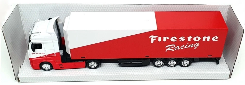 Camión Mercedes Benz Burago escala 1/43 18-31480 con remolque Firestone Racing Foto 4 de 4