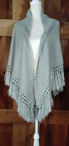 2 Vintage 70s Metallic Silver Crocheted/Fringed Shawl Wrap VIRENZA Mexico - Picture 2 of 13
