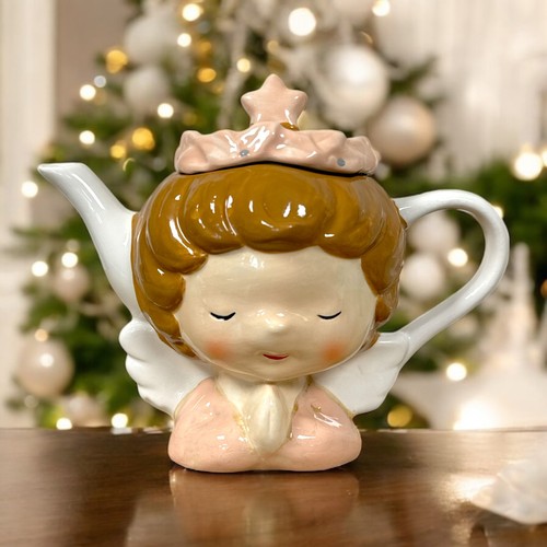 Clayre & Eef Teiera In Ceramica Con Coperchio Angelo Rosa Natale Ali 21cm NUOVO