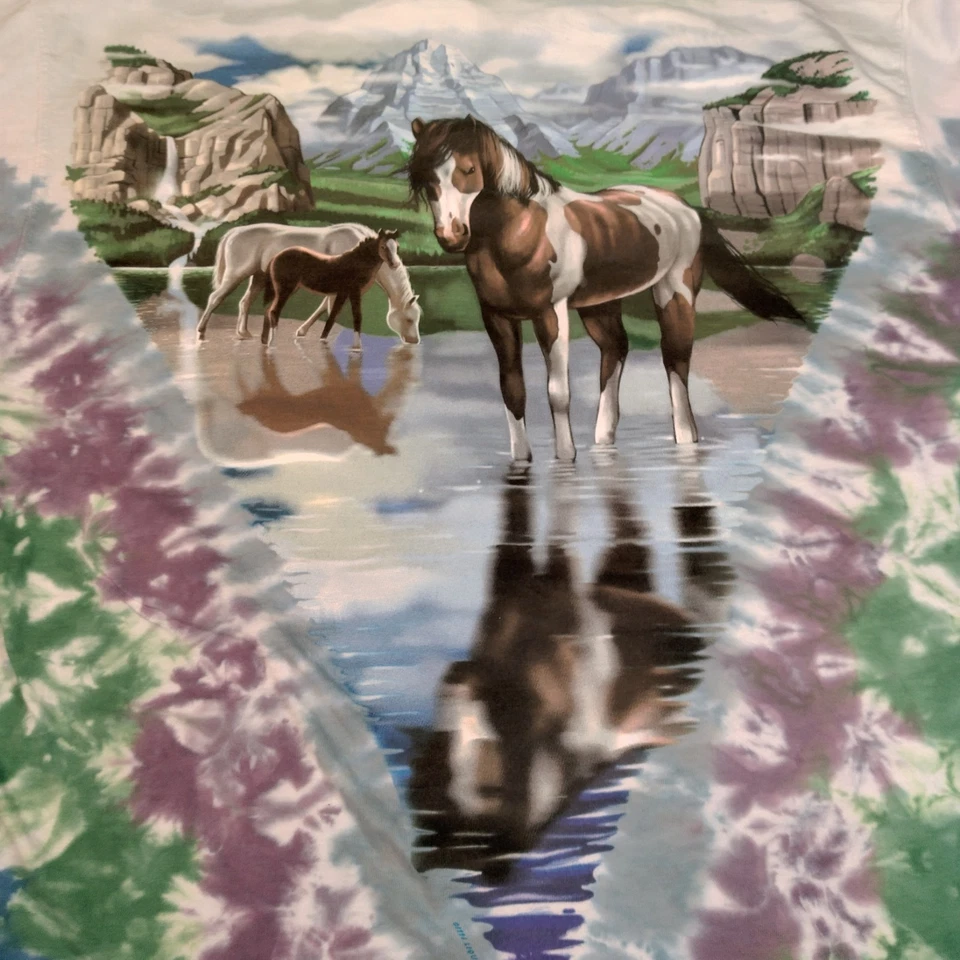 Vintage Liquid Blue Tie Dye Shirt XL Horse Graphic Horses Equine Mountains USA - Imagem 4 de 4