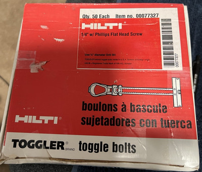 HILTI 1/4 x2 1/2  Hollow & Drywall Steel Anchor/Toggle Bolts 00077327 Box 50 Pc