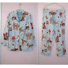 Nick & Nora Flannel Sock Monkey Pajamas Size M Top & Pants 2 Piece Bake Bowling