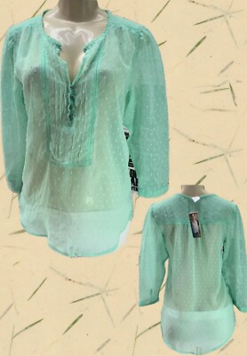 Bila S Mint Green Sheer Textured Split Button Neck 3/4 Sleeve Step Hem Blouse