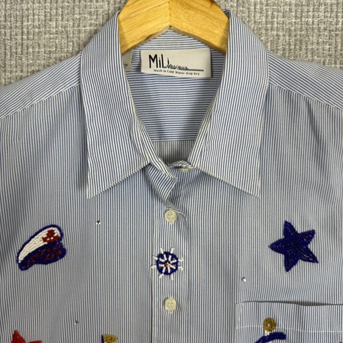 Vtg Mili Designs Nautical Button Down Shirt Striped XL Patriotic USA Stars Boats - Picture 9 of 16