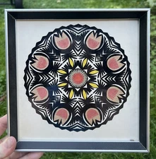 VTG Set Of 2 Paper Cut Floral Art Framed Black, Red, Yellow 8 1/4” Folk Art