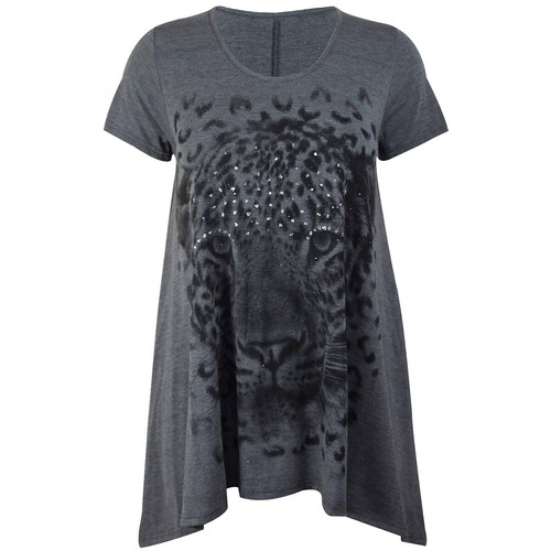 Top de mujer talla grande con dobladillo desigual manga corta lentejuelas cara de tigre estampado Ha - Imagen 9 de 21