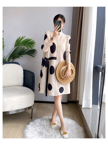 Pleats Womens Midi Polkadot Print Pleated Dress with Buttons Stand Collar - Picture 16 of 17