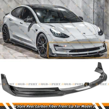 V Style 3pc Real Carbon Fiber Front Bumper Lip Splitter For 17-23 Tesla Model 3