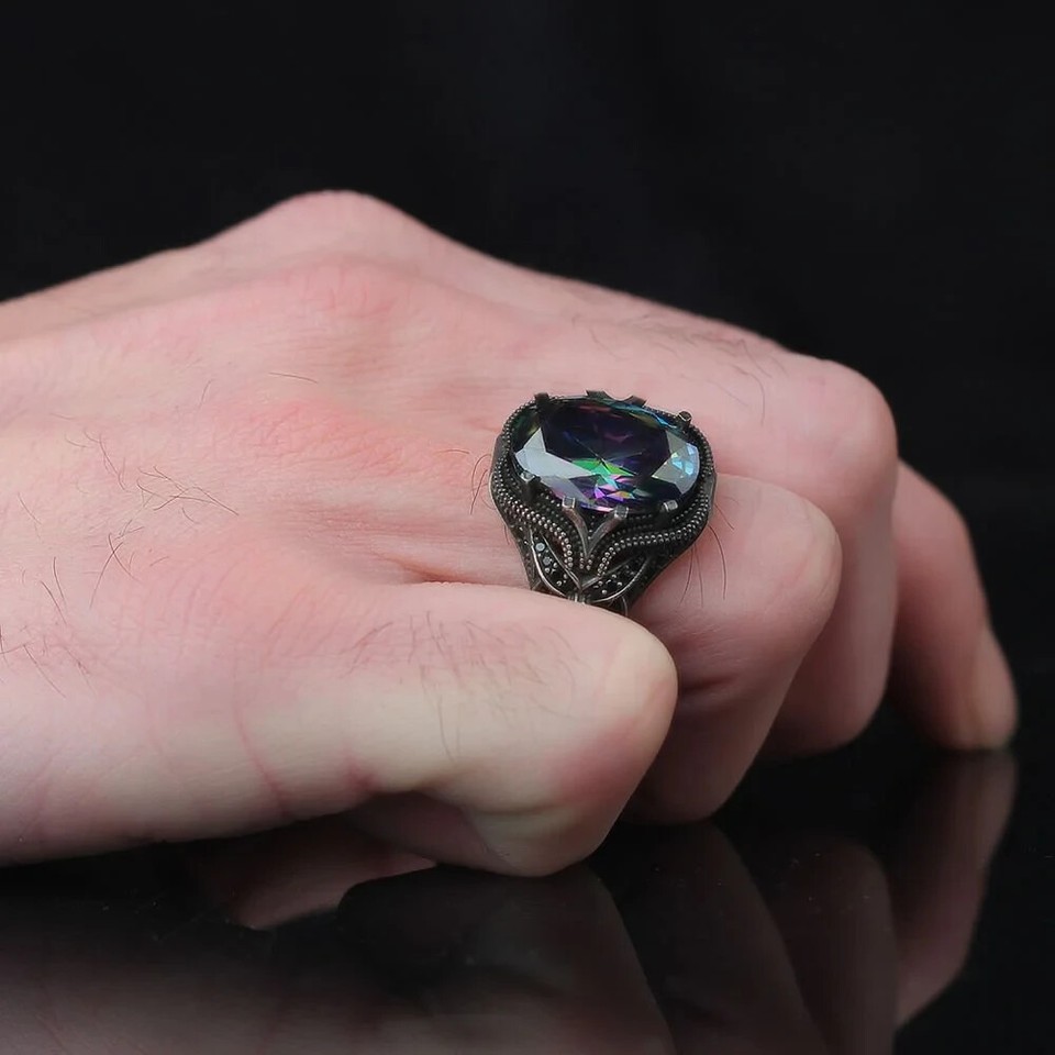Men's Silver Ring Natural Stone Handmade Men's Jewelry Ring mystic ...
