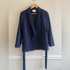 FRNCH Womens M Blue Plaid Blazer Tie Waist Tailored Jacket Chic Statement Paris