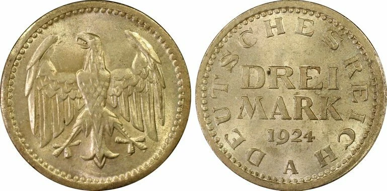 Weimar Republik 3 Mark 1924 A Kursmünze Silber PCGS MS64 j.312 Gedenkmünze BU - Bild 1 von 1