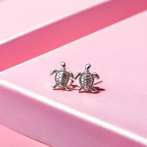 Turtle Stud Earrings, Tiny Silver Studs 8mm Meaningful Jewellery Gift For Girl - Picture 2 of 6