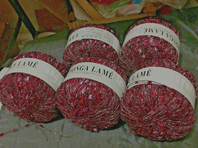 Set of 5 New - LANG YARNS TONGA LAME 199.0020 CROCHET Pink / Red / Silver Scarf