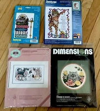 Lot of 4 Cat Themed Cross Stitch Kits Janlynn 27-110 & 95-106, Dimensions 3548