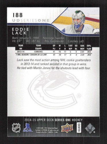 Eddie Lack SN100 2014-15 Upper Deck UD Exclusives Vancouver Canucks #188 - 第 2/2 張圖片