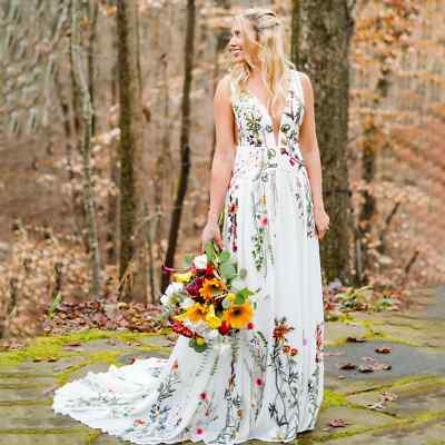A Line Embroidered Wildflower Colorful Wedding Dress Custom Made Bridal Gowns | eBay A Line Embroidered Wildflower Colorful Wedding Dress Custom Made Bridal Gowns | eBay