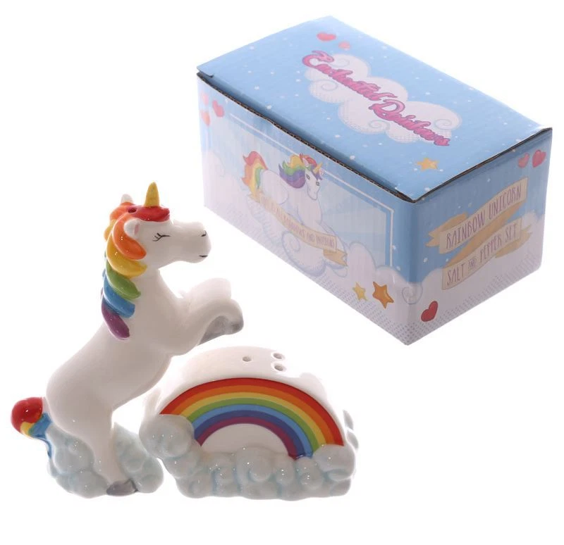 UNICORN ON RAINBOWS NOVELTY CERAMIC SALT AND PEPPER POTS CRUET SET IN GIFT BOXED
