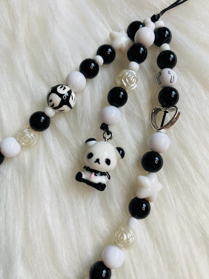 Y2k Panda Beaded Phone Charm Strap black White New Handmade Birthday Gift - Image 2 of 2