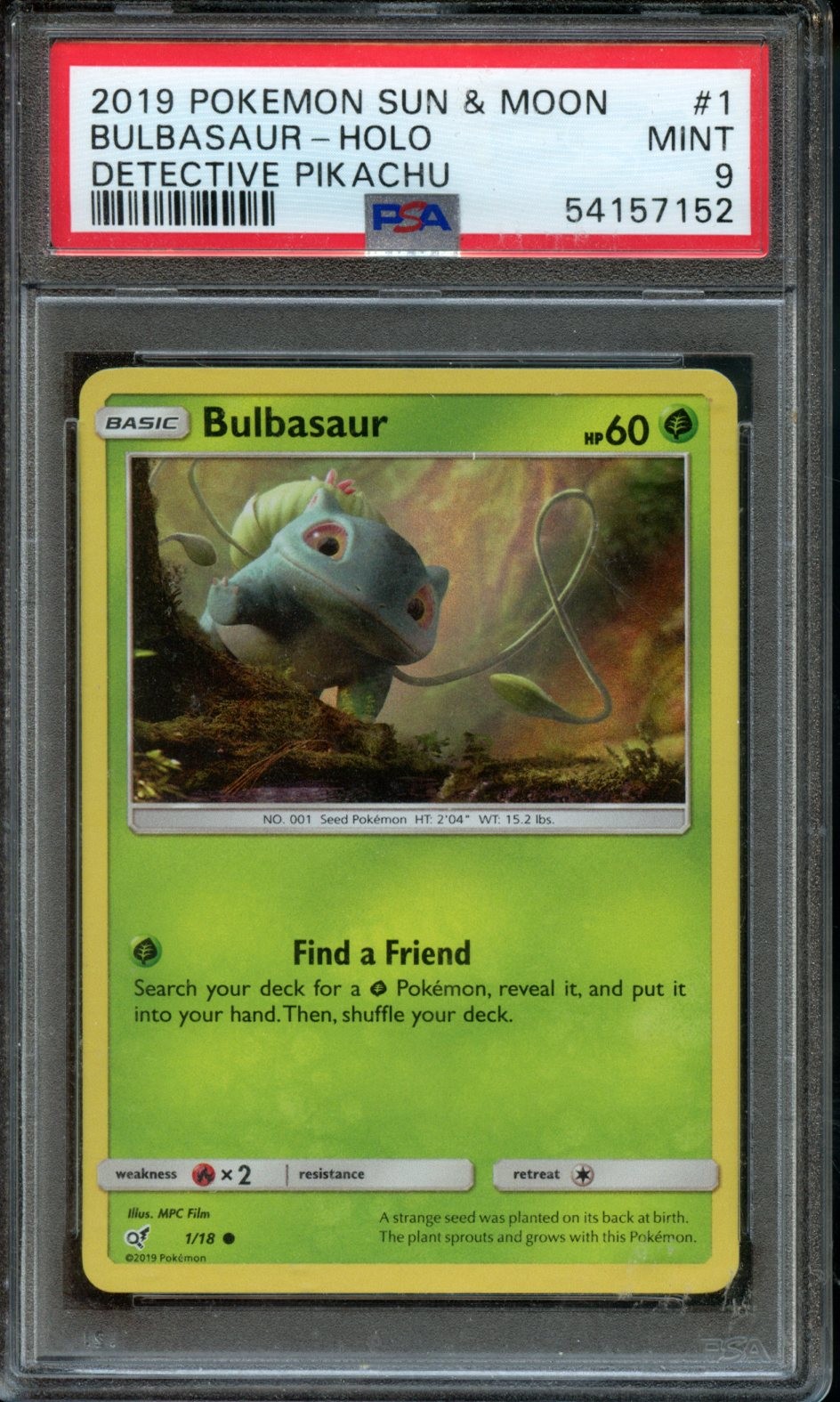 2019 Pokemon Sun & Moon Detective Pikachu #1 Bulbasaur PSA 9