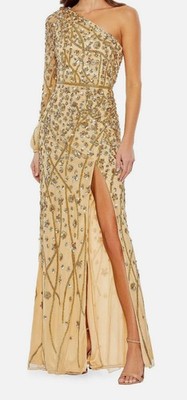 Mac Duggal Women's Gold Sequin Lined Floral One-Shoulder Wrap Gown Dress Size 10