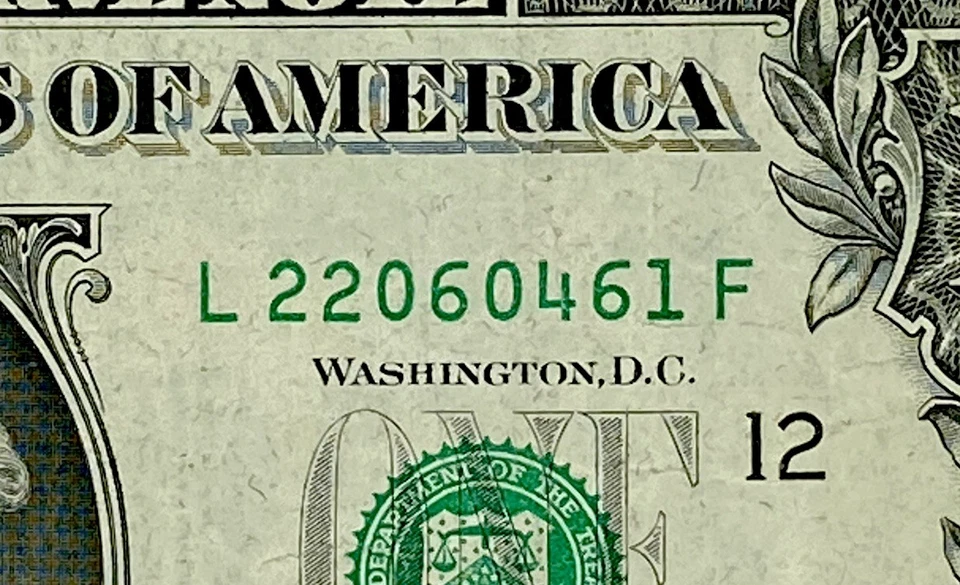 Vintage Series 1974 L 22060461 F Fancy Serial Number One Dollar Bill RARE FRN DC - Image 3 of 4