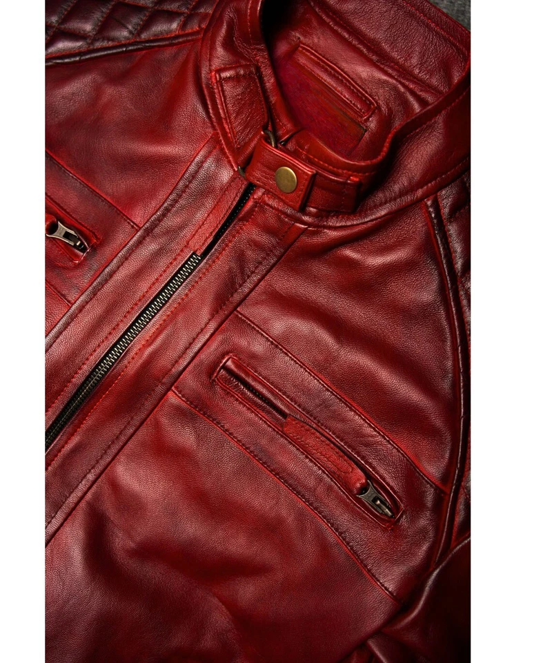 Men's Handmade Vintage Style Burgundy Red Leather Jacket Motorcycle Biker Style - Image 2 of 4