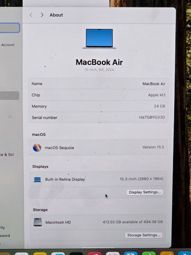 Used Apple MacBook Air 15" M3 chip 24GB RAM 512GB SSD Silver EXCELLENT Condition - Zdjęcie 13 z 16