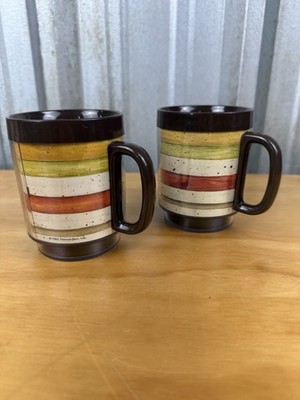Vintage Thermo Serv Mug Cups 1982 MCM Plastic Retro Brown Striped Design USA 8oz
