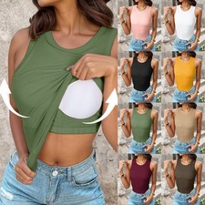 Women Solid Crew Neck Vest Padded 2 in 1 Built in Bra Tank Tops Stretchy Cami UK