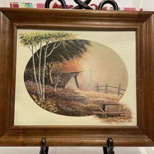 Dipinto olio scena paesaggio fienile campagna cornice legno vintage firmato Franca