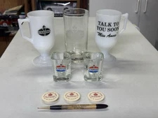 Lot STANDARD OIL & GAS shot glasses mugs 1949 pencil TALK TO YOU SOON MISS AMOCO