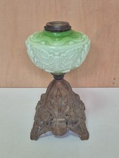 Victorian Oil lamp with Opaque green glass and Cast Iron Base (damaged)