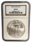 2006-American Silver Eagle $1 Dollar Coin One Troy Ounce 0.999 Fine NGC MS69