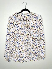 Pleione Blouse Womens Medium White Floral Long Sleeve Tie Neck Lightweight Top