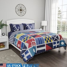 Nautical Quilt Set Full Queen Microfiber Bedspread 3 Piece Reversible Shams New