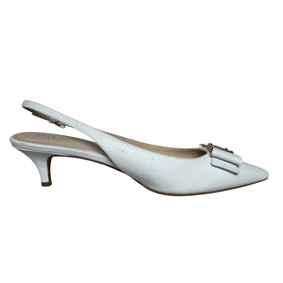 Cole Haan GrandOS Tali Bow White Leather Pointed Toe Slingback Kitten Heels 8B - Image 2 of 4