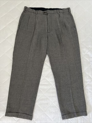 Jos A Bank Traveler Linen Dress Pants Mens 40x30 Tan Pleated Cuffed Summer Light