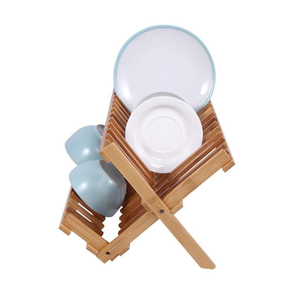 Double Tier Wooden Foldable Sink Dish Drainer Plate Cutlery Dryer Draining HG