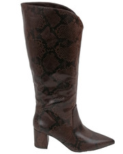 M&S Women's Knee High Boots Brown Mix Snake Print Mid Block Heel Pull On New