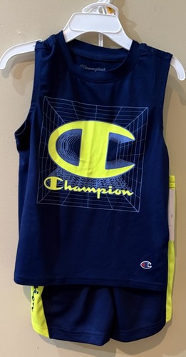 Champion Boys 3T 2pc Tank Top & Shorts Set Navy/Yellow Sleeveless Logo 