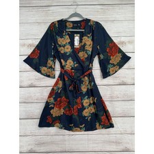 Boohoo Satin Floral Wrap Dress Womens 10 Blue Beige Orange Tie Waist NEW